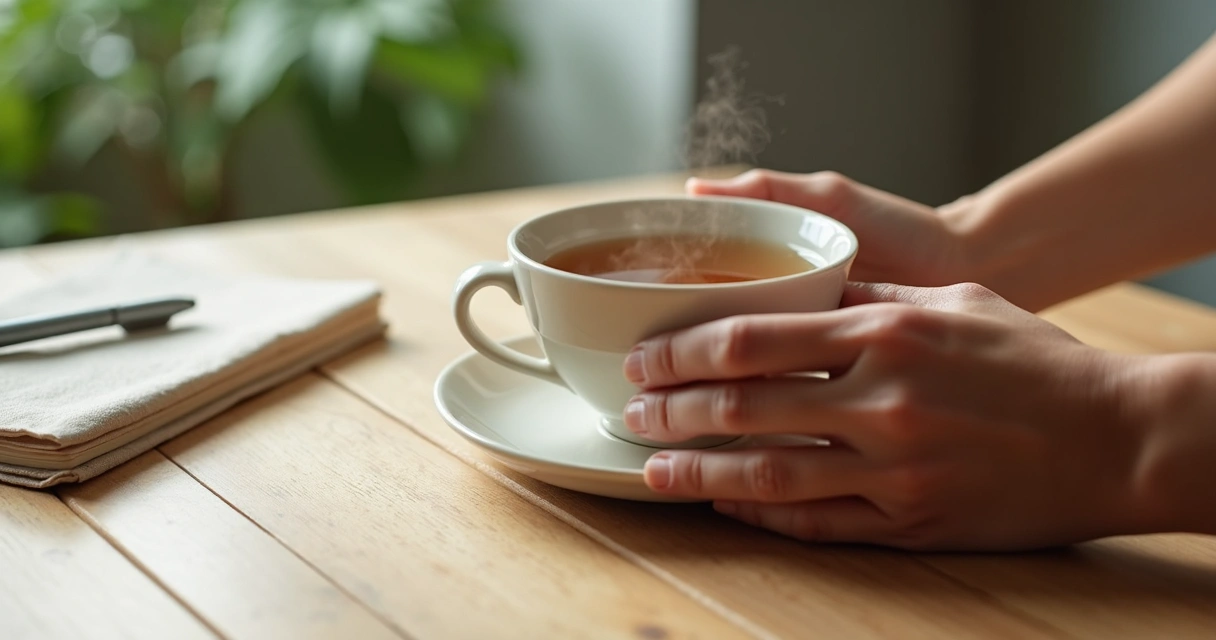 Hands holding a warm cup beside a calm table setting