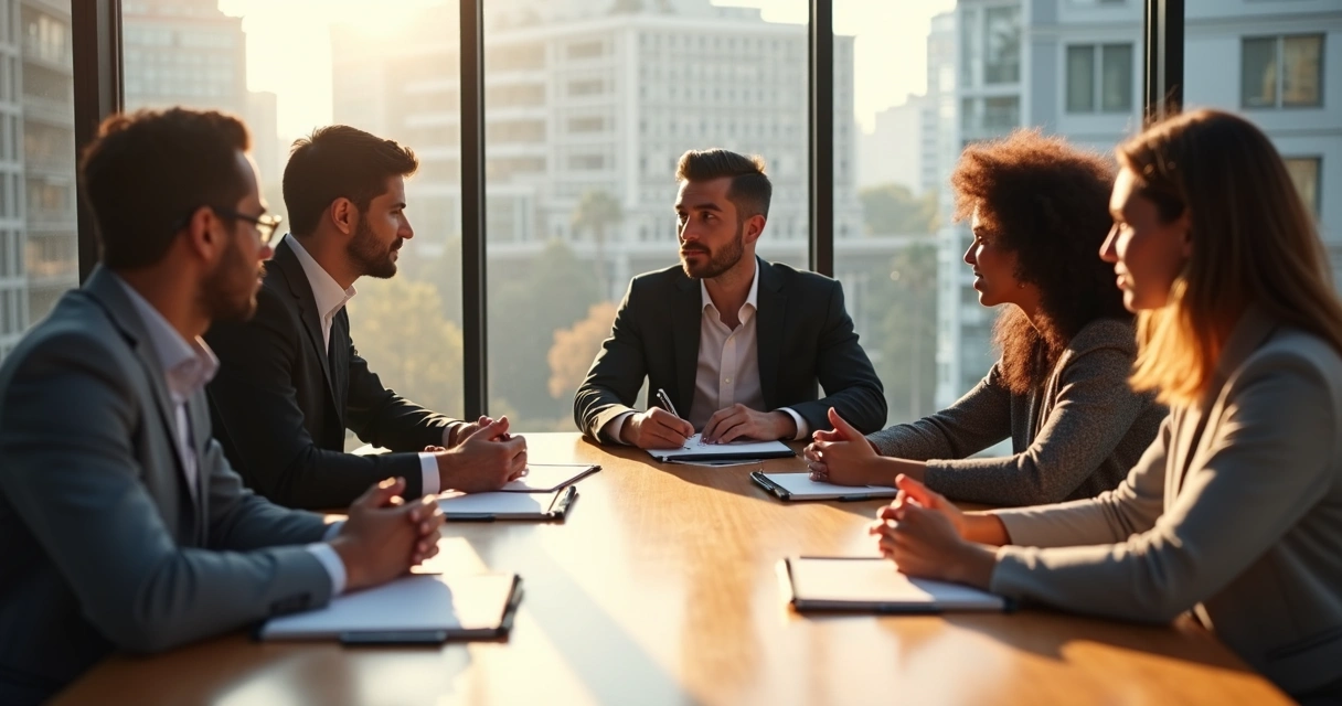 Diverse team in meeting room listening attentively in discussion