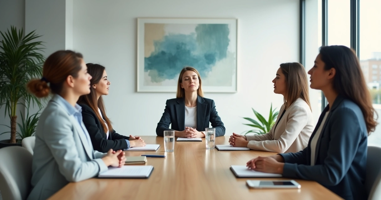 Diverse team in a calm office practicing a mindful check-in before a meeting 