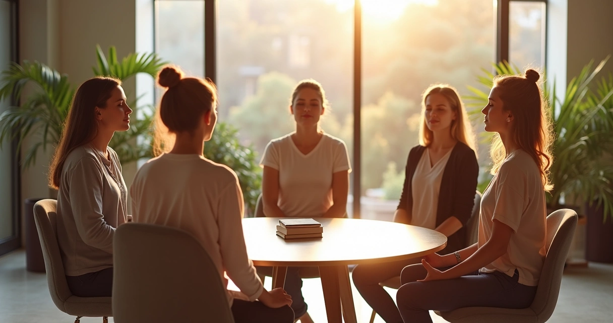 Small team in an office sitting together, eyes closed, practicing mindfulness
