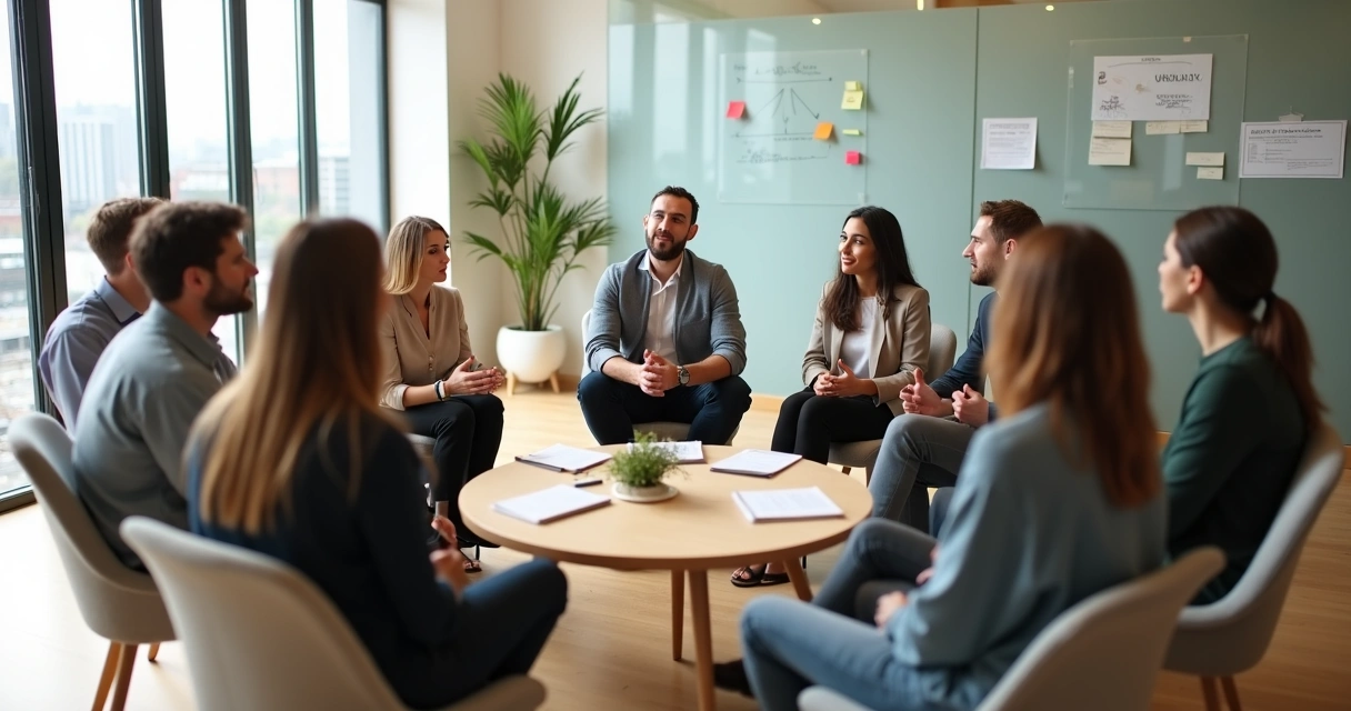 Diverse team in a mindful circle meeting in a modern office 