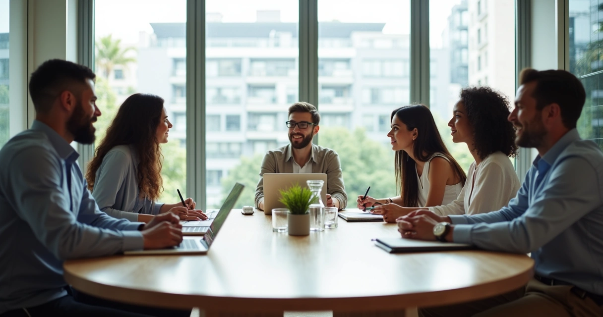 Team leader guiding a calm mindful meeting around a round table 