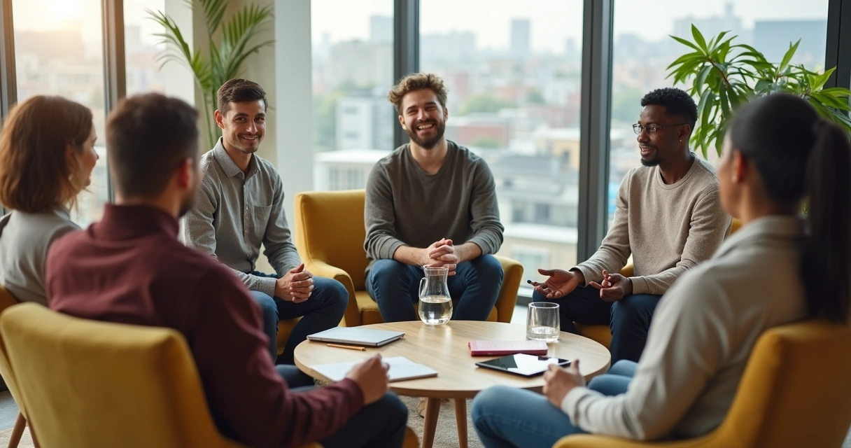 Diverse team in a relaxed meeting circle practicing a mindful check-in 