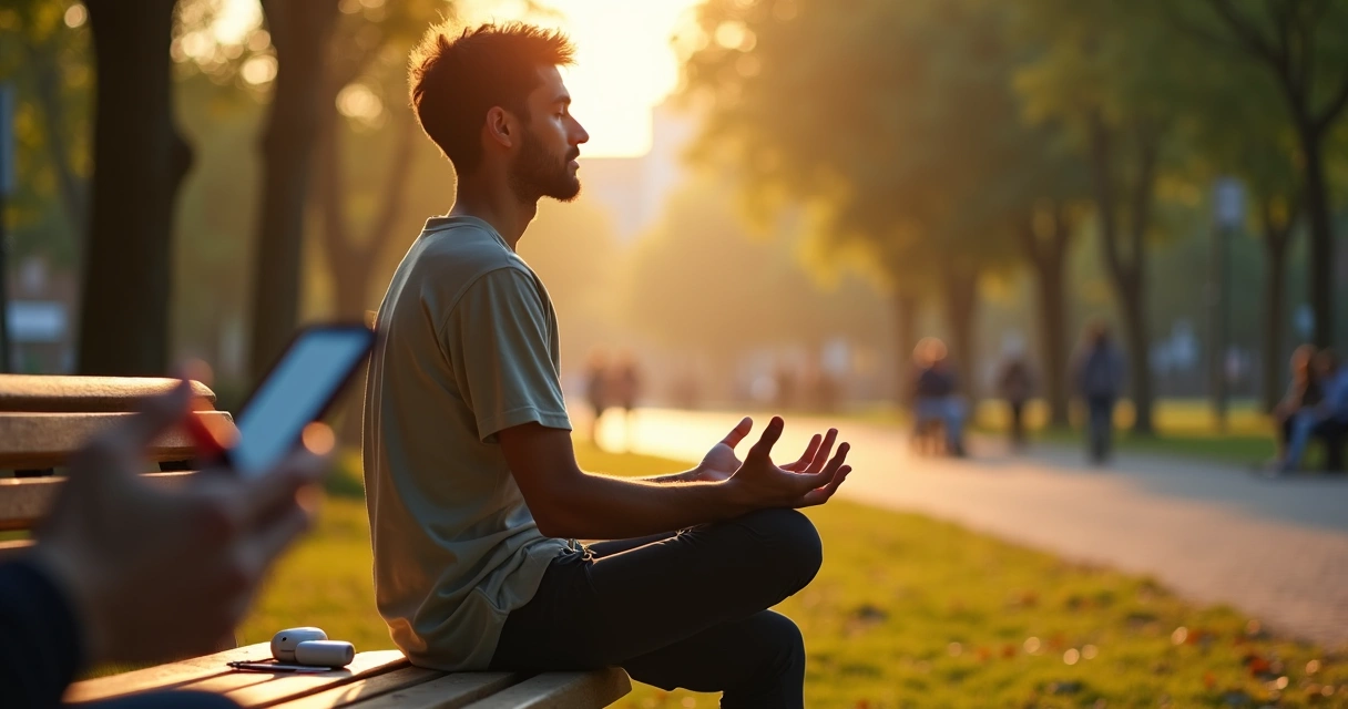 Person on park bench holding phone in one hand and closed eyes in meditation 