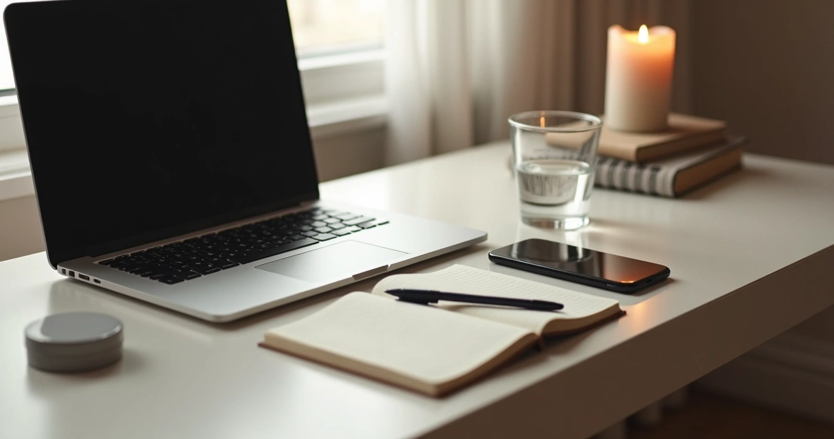 Quiet desk with laptop, notebook, candle, and phone turned face down