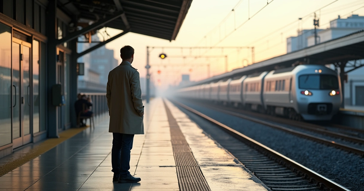Person standing calmly on a train platform between arriving and departing trains 
