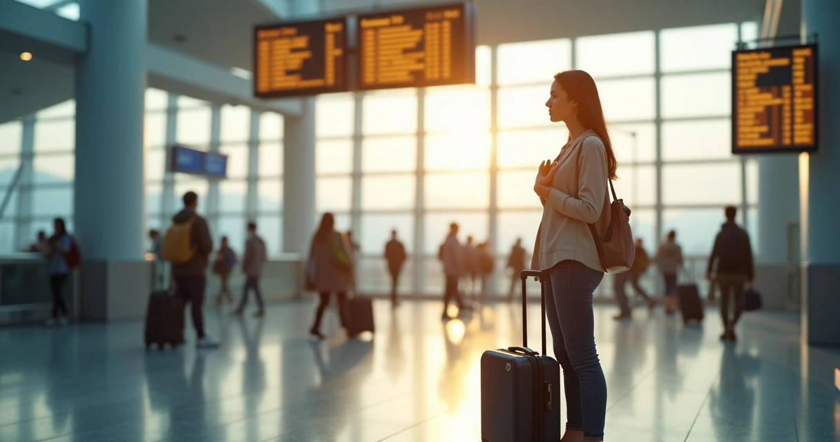 Traveler pausing mindfully with luggage in a station