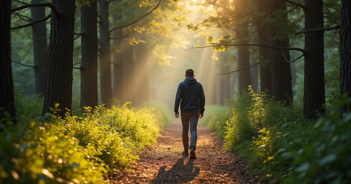 Person walking mindfully through a green forest
