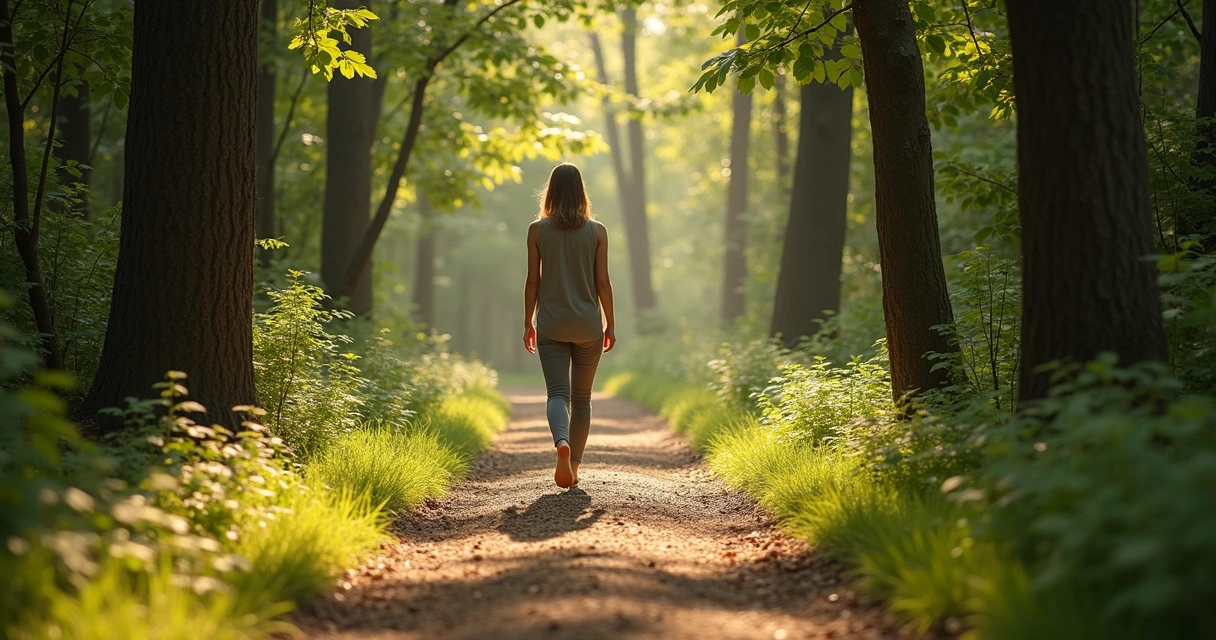 Person walking mindfully on a forest path with sunlight filtering through trees 