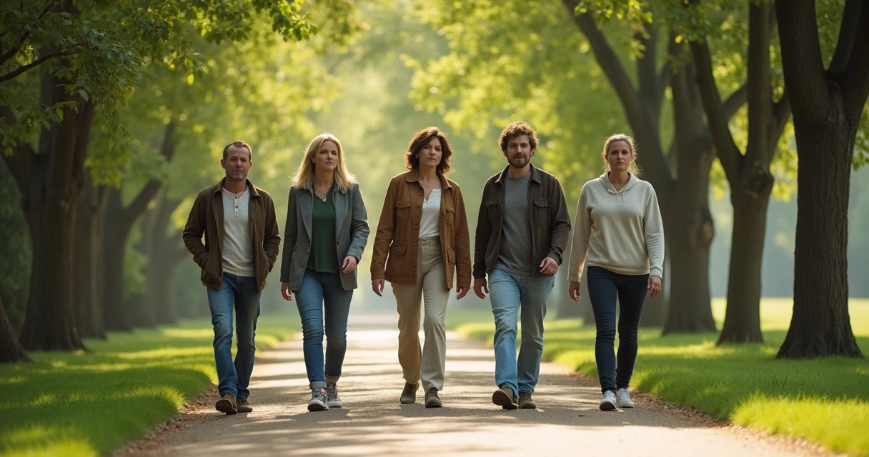Group walking together outdoors practicing mindful movement
