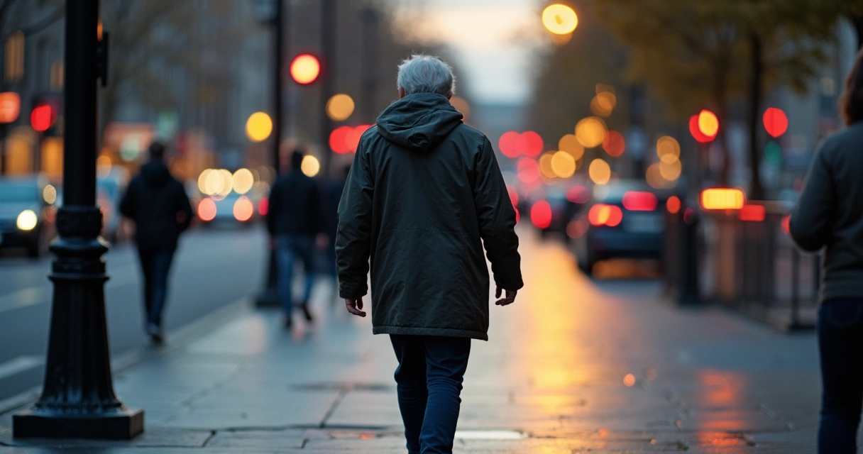Person walking mindfully on city sidewalk at dusk 
