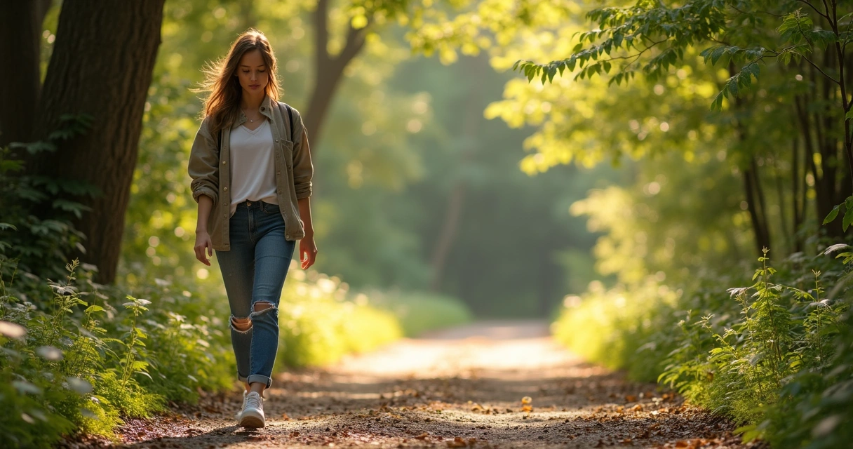 Woman walking slowly on a forest path, focusing on her steps