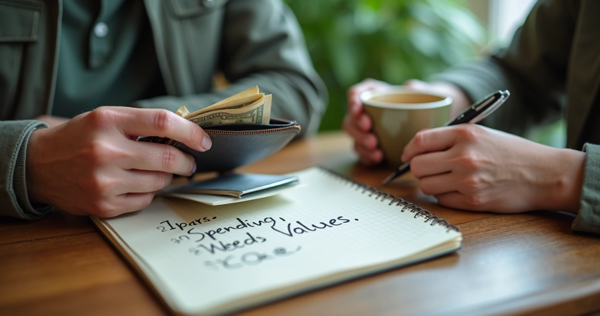 Hands holding wallet and receipt during a mindful spending pause 