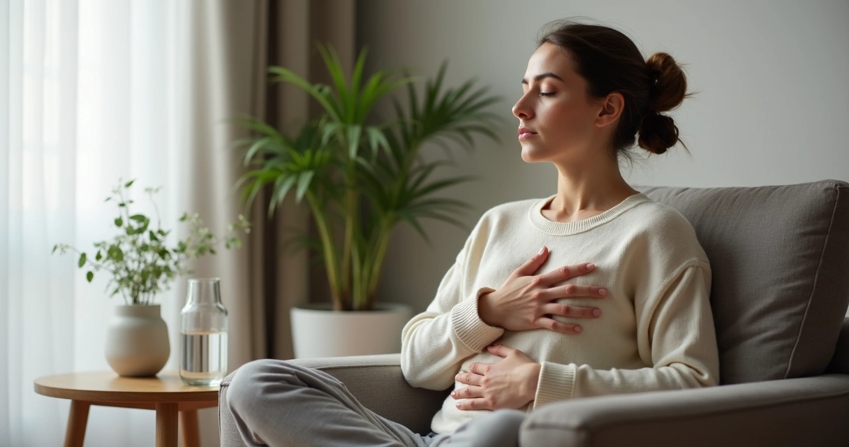 Woman quietly paying attention to her body sensations 