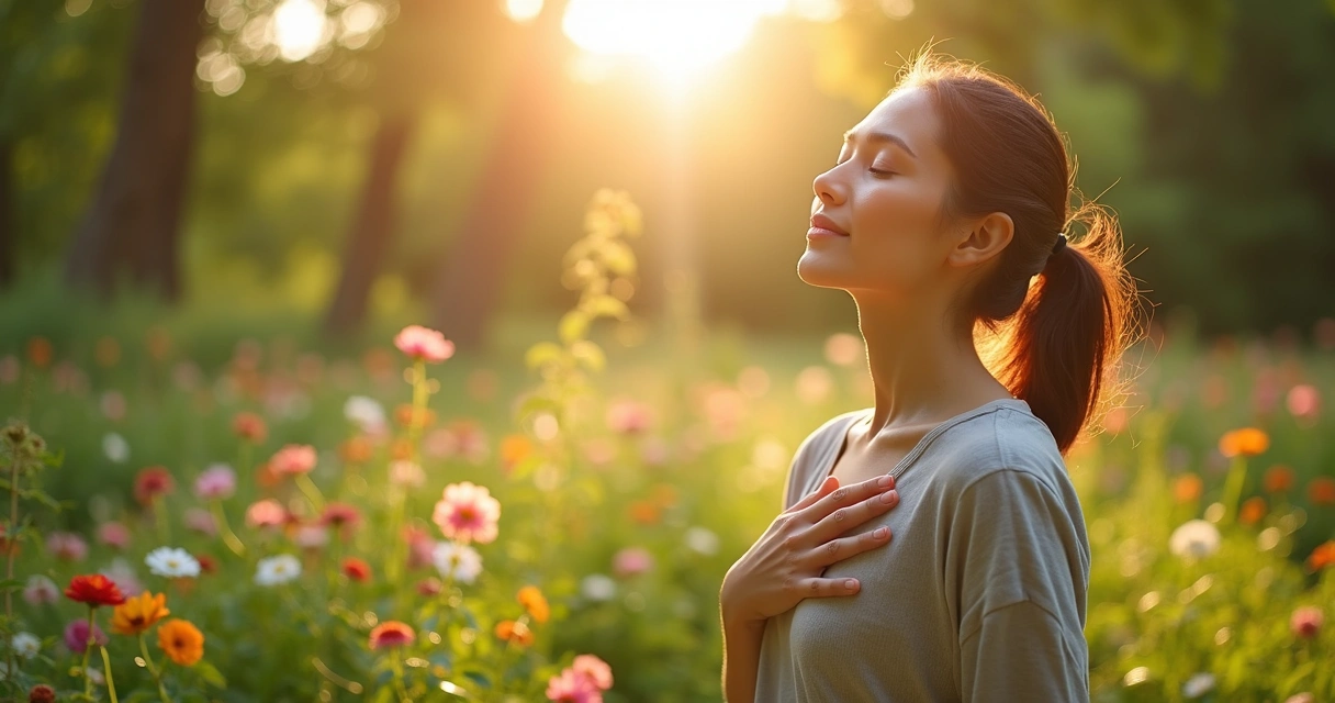 Woman practicing mindfulness in a garden 