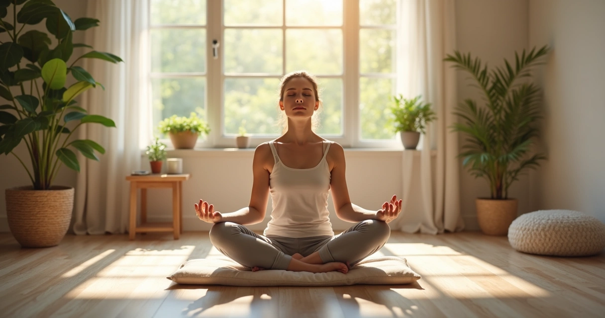 Person sitting cross-legged, eyes closed, hands on knees, soft sunlight entering through window 