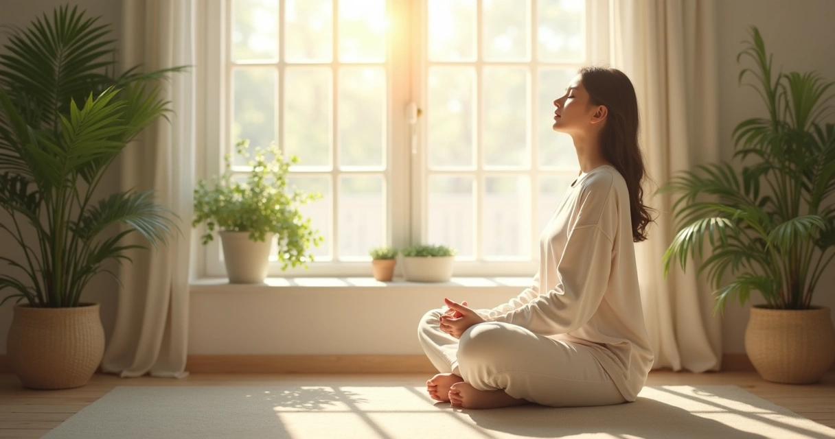 Woman practicing mindfulness near a window. 