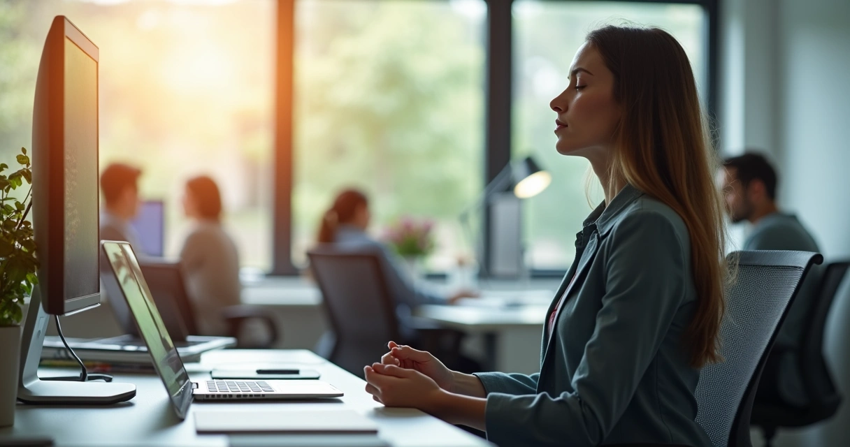 Professional taking a mindful pause at desk in a bright modern office 