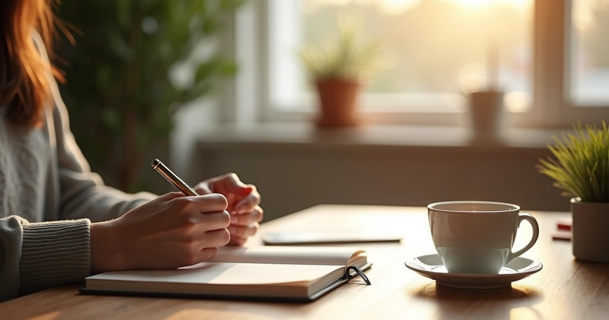 Person pausing at desk with notebook, tea, and soft morning light