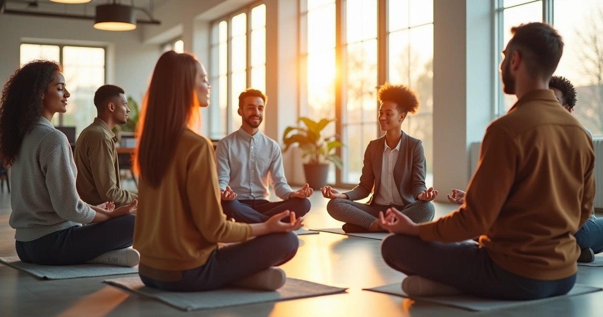 Employees practicing mindfulness together in an open office
