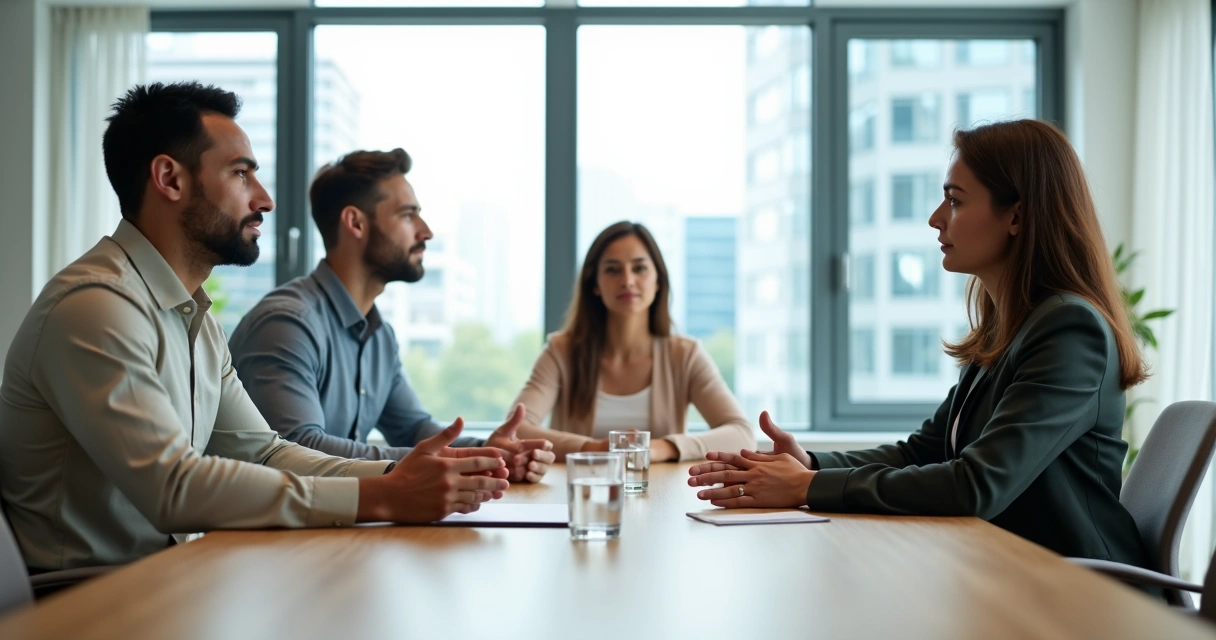 Colleagues in a meeting room practicing mindful listening to resolve a conflict 