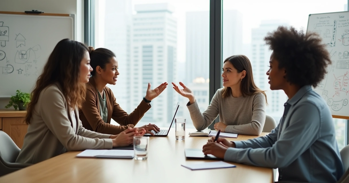 Diverse coworkers resolving conflict in a calm mindful meeting 