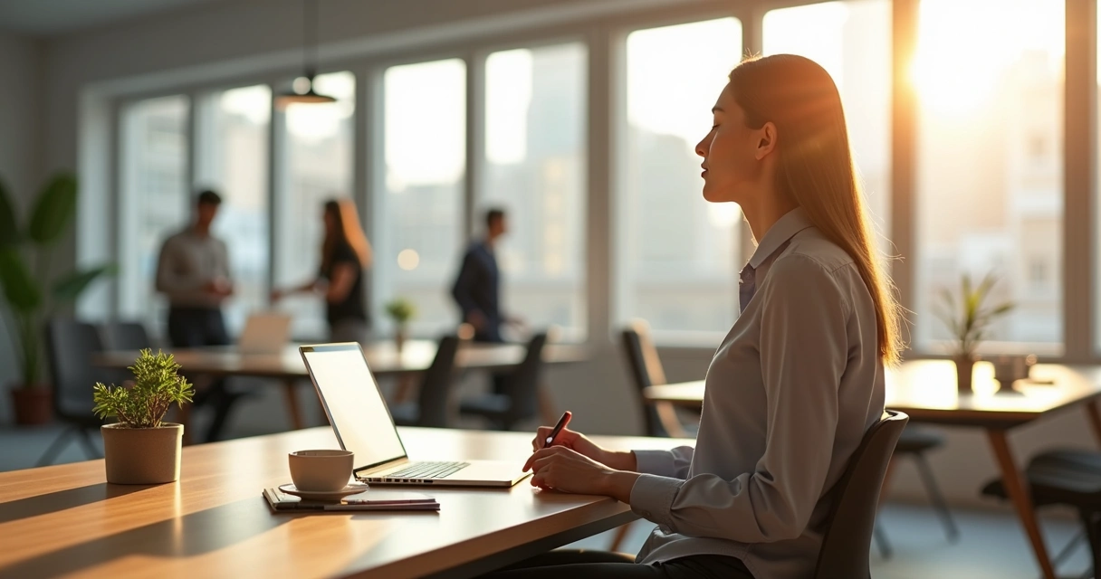 Professional sitting at desk practicing mindfulness at work 