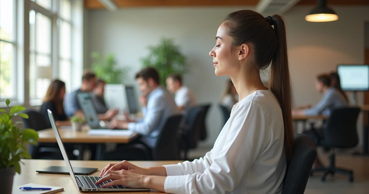 Calm professional practicing self-regulation in a busy open office 