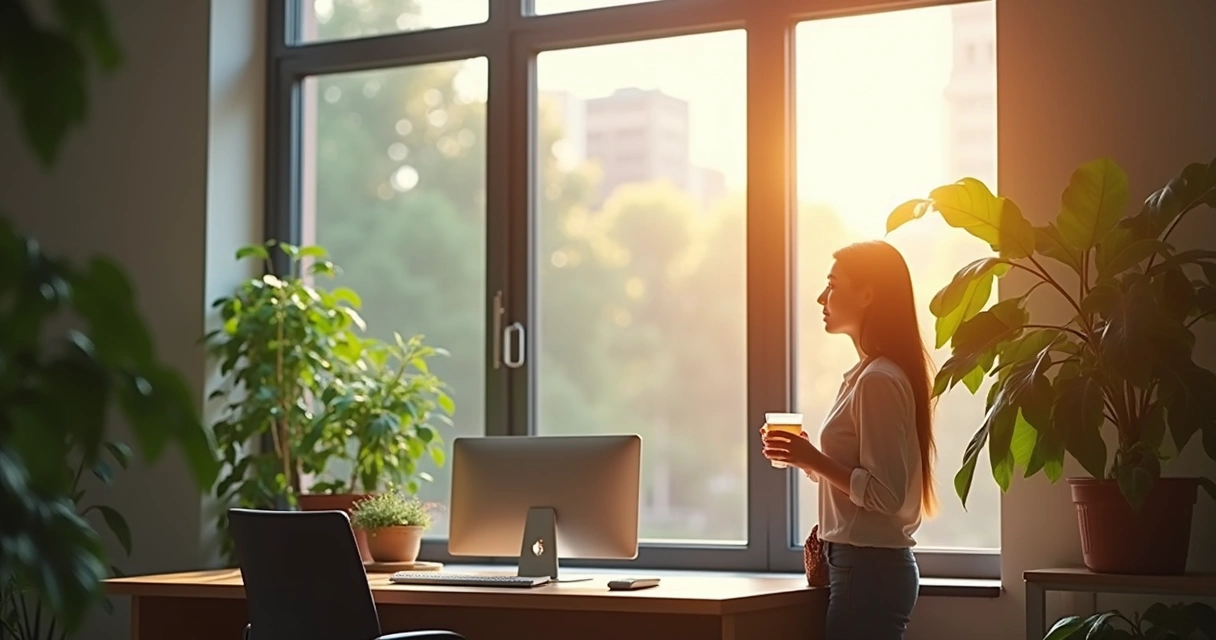 Employee taking a quiet break in a modern office with plants and natural sunlight
