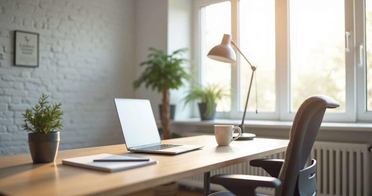 Minimal workspace desk near window with notebook and plant