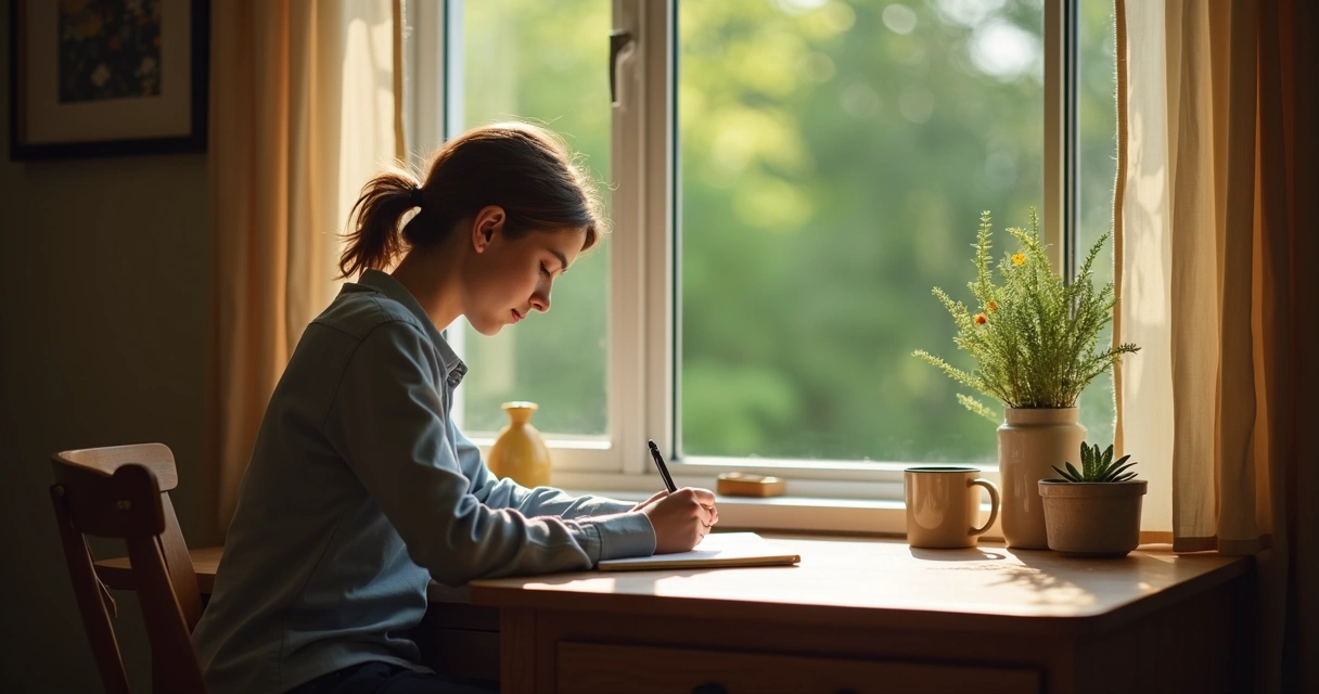 Person journaling at a calm desk with open window