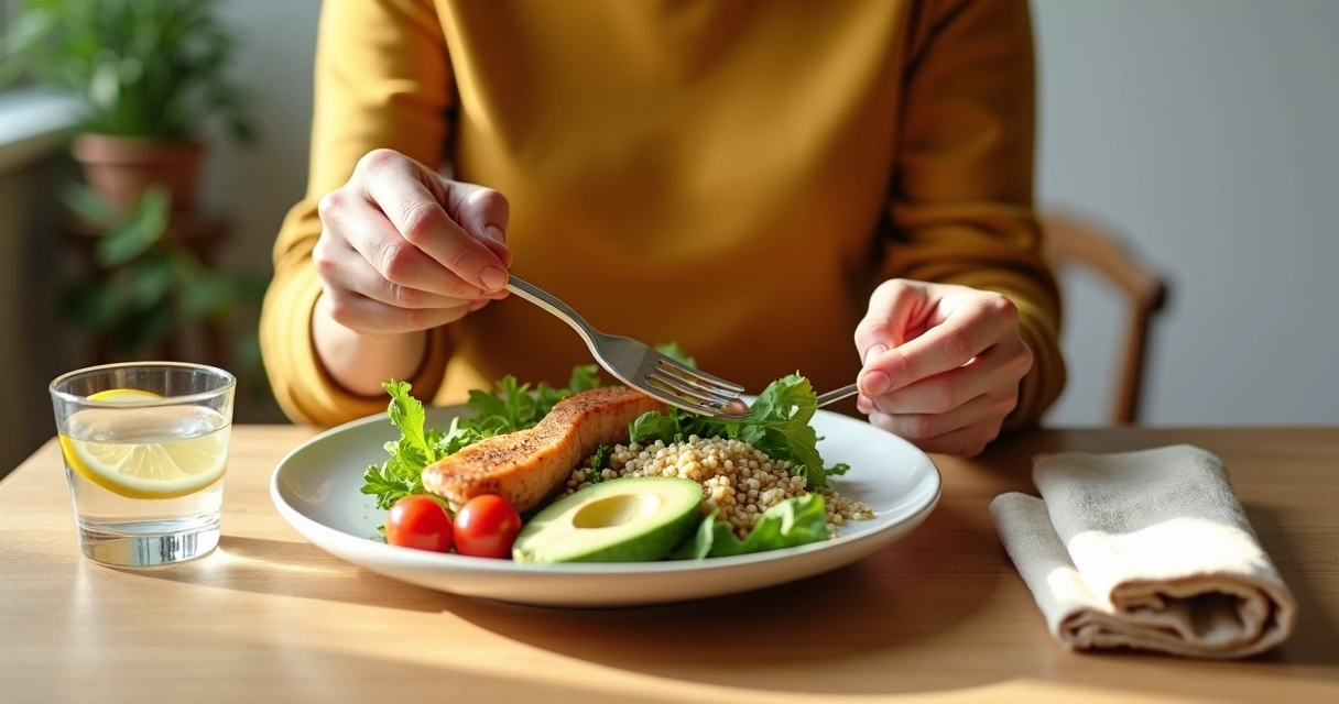 Persona comiendo de forma consciente frente a un plato saludable con vegetales 