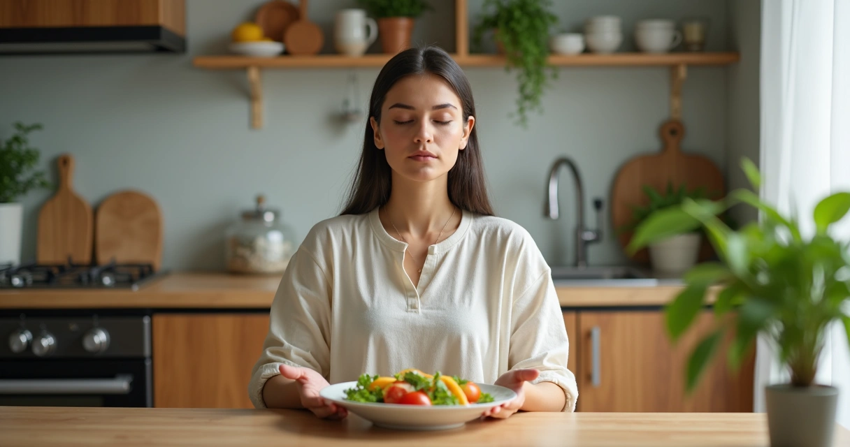 Mujer practicando mindfulness mientras come una ensalada en silencio