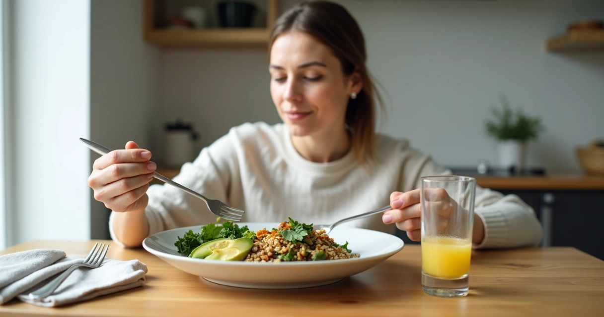 Pessoa comendo devagar à mesa com prato colorido de alimentos naturais 