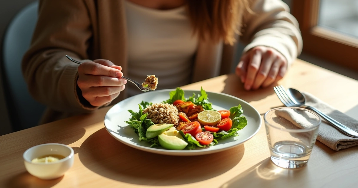 Pessoa comendo refeição colorida com atenção plena à mesa organizada 
