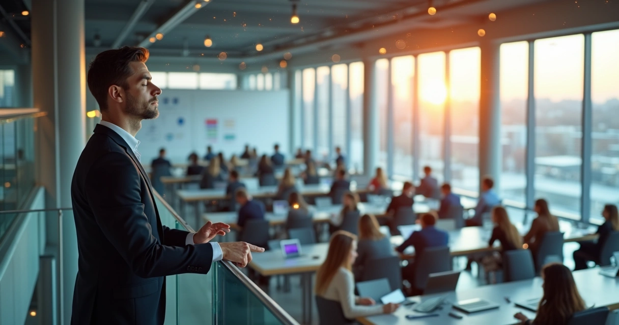 Executive leading a diverse team in a large office with a glowing mindfulness overlay 