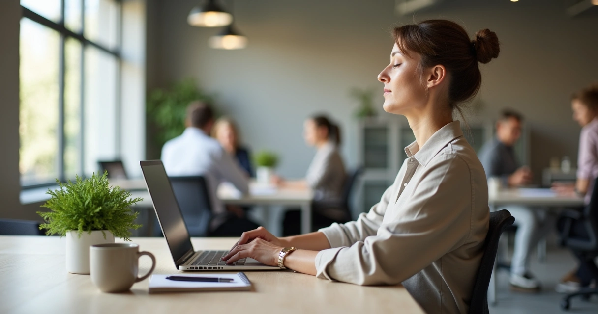 Professional at a calm desk practicing mindfulness at work 
