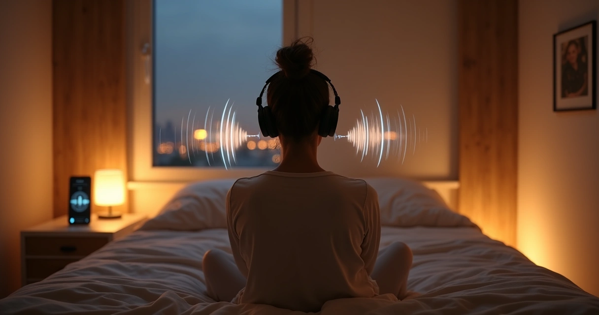 Pessoa em quarto aconchegante ouvindo sons relaxantes com fones de ouvido 