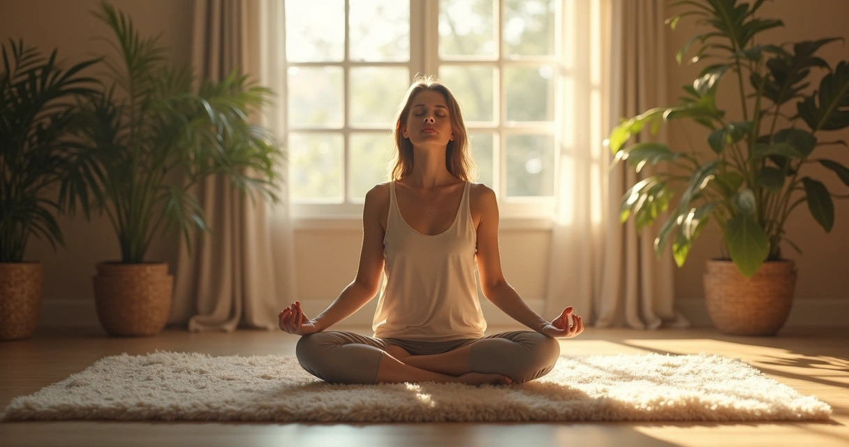 Pessoa sentada em posição confortável, olhos fechados, refletindo em ambiente calmo 