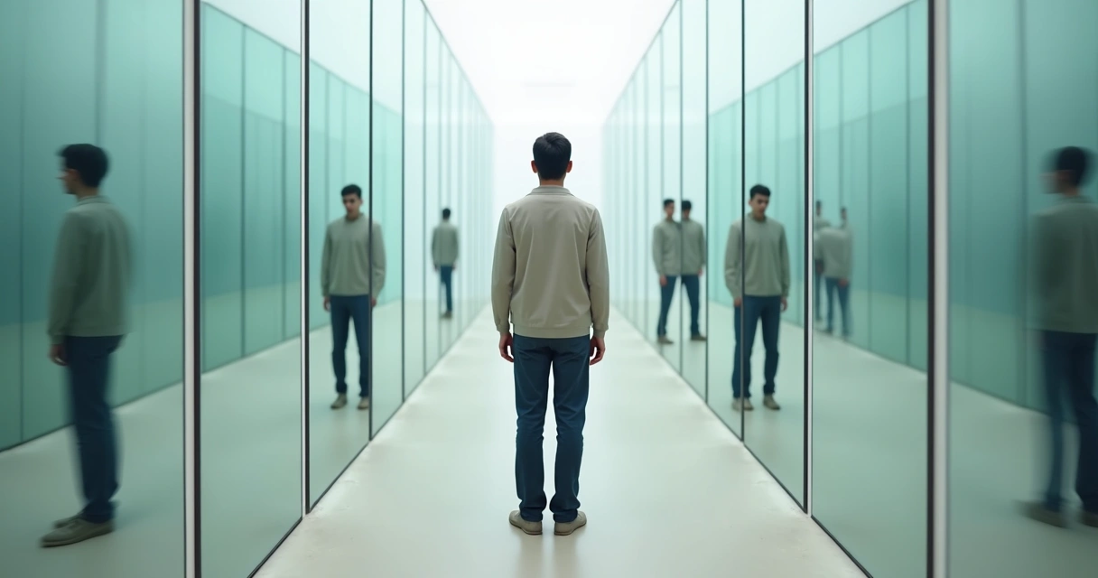 Pessoa em galeria de espelhos olhando para diferentes reflexos de si mesma 