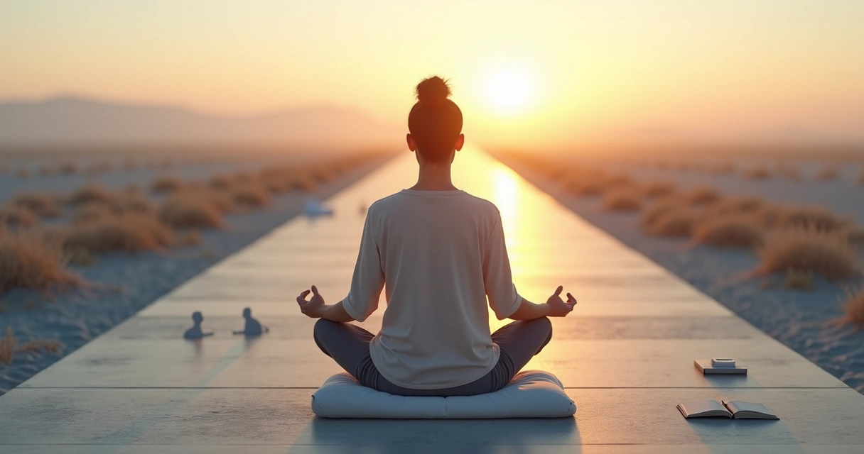 Pessoa sentada meditando à frente de um caminho longo e sinuoso iluminado ao fundo 