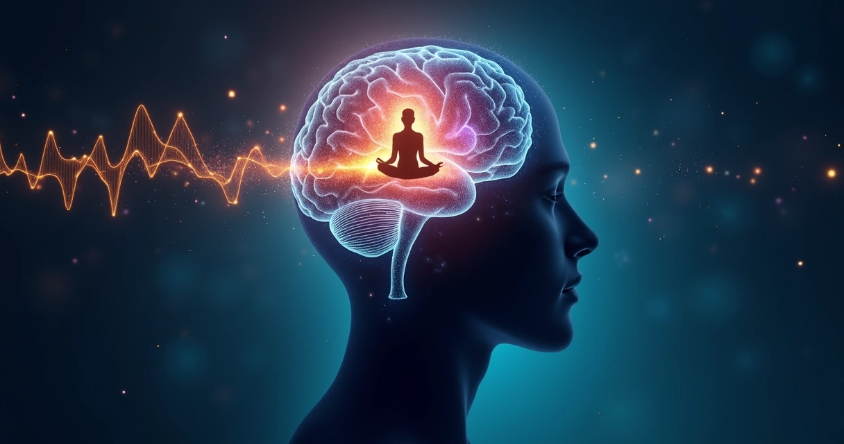 Human head silhouette with glowing brain and meditation figure 