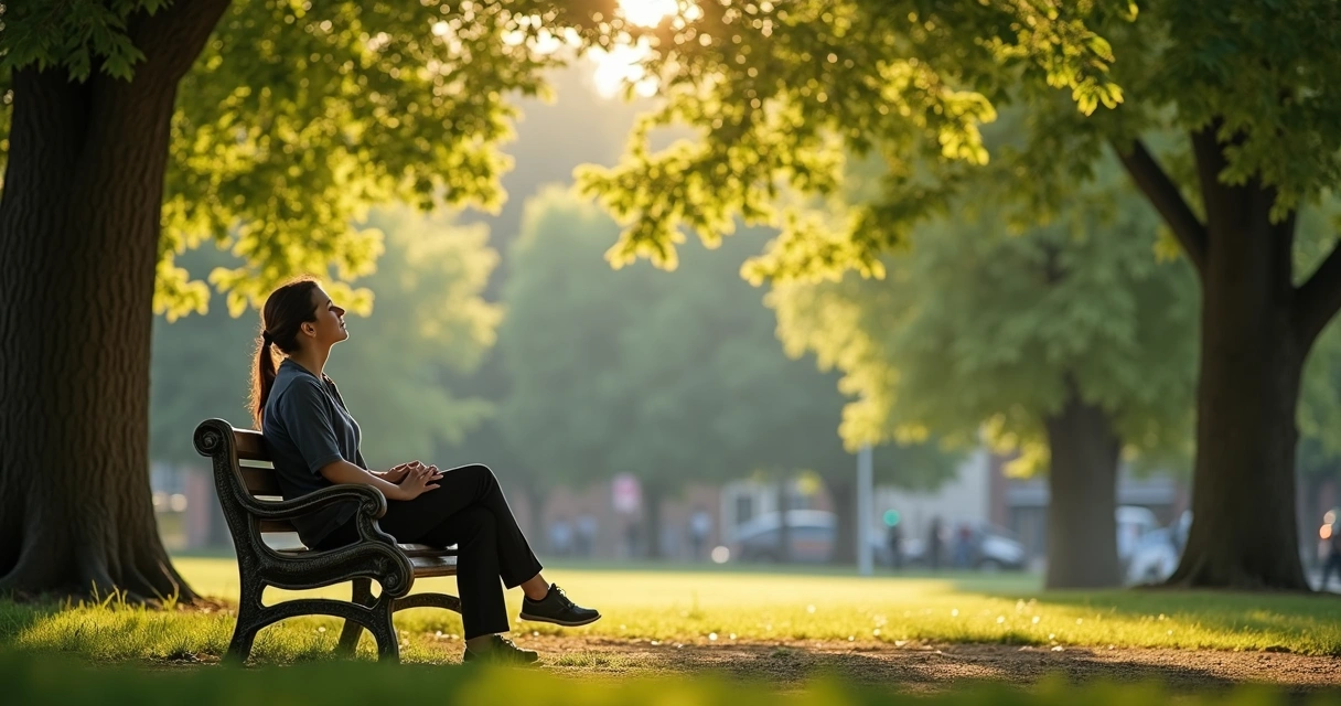 Person sitting calmly on park bench in sunlight