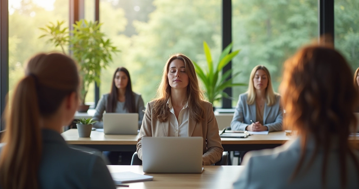 Colleague leading mindfulness break in a bright office