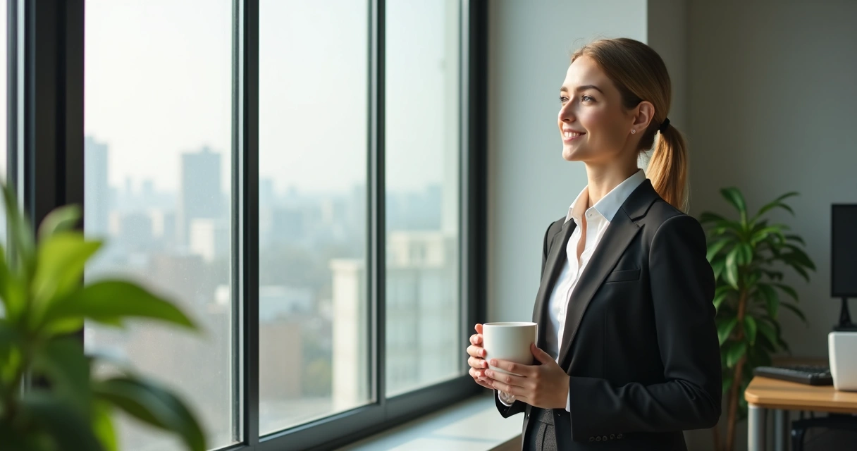 Professional taking a short mindfulness break by a window with a cup of tea 