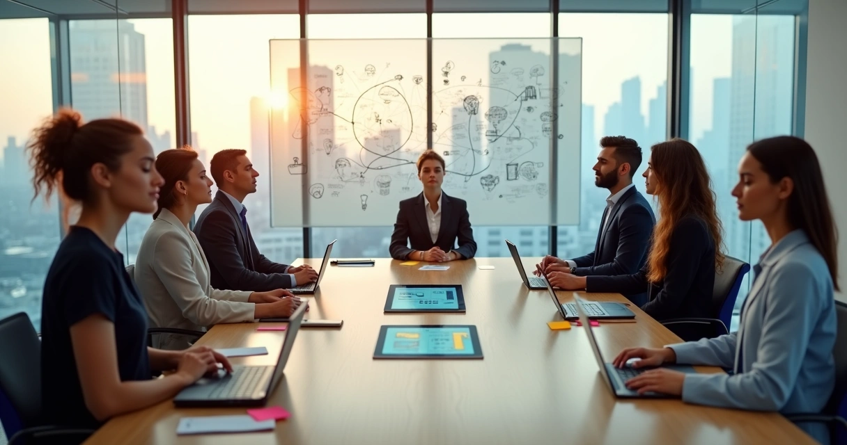 Executive team in modern office practicing mindfulness before innovation meeting 