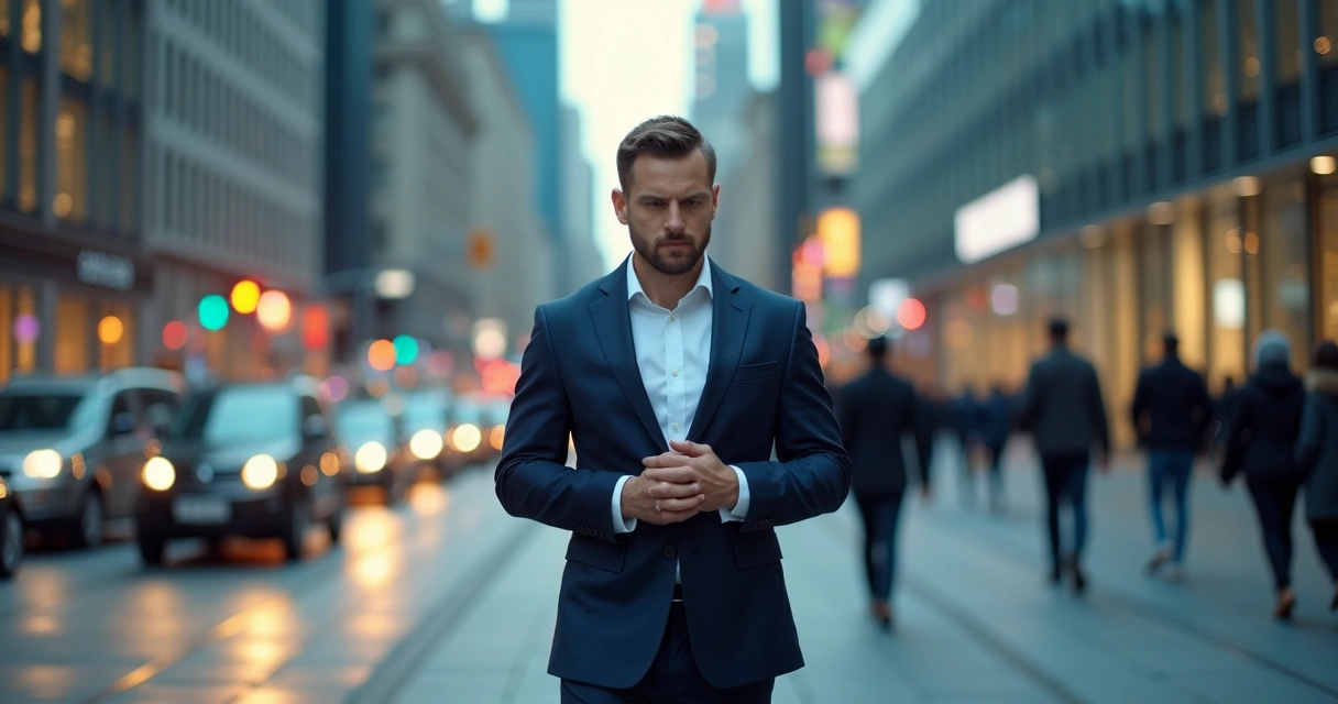 Homem caminhando conscientemente em rua movimentada, focado e tranquilo 