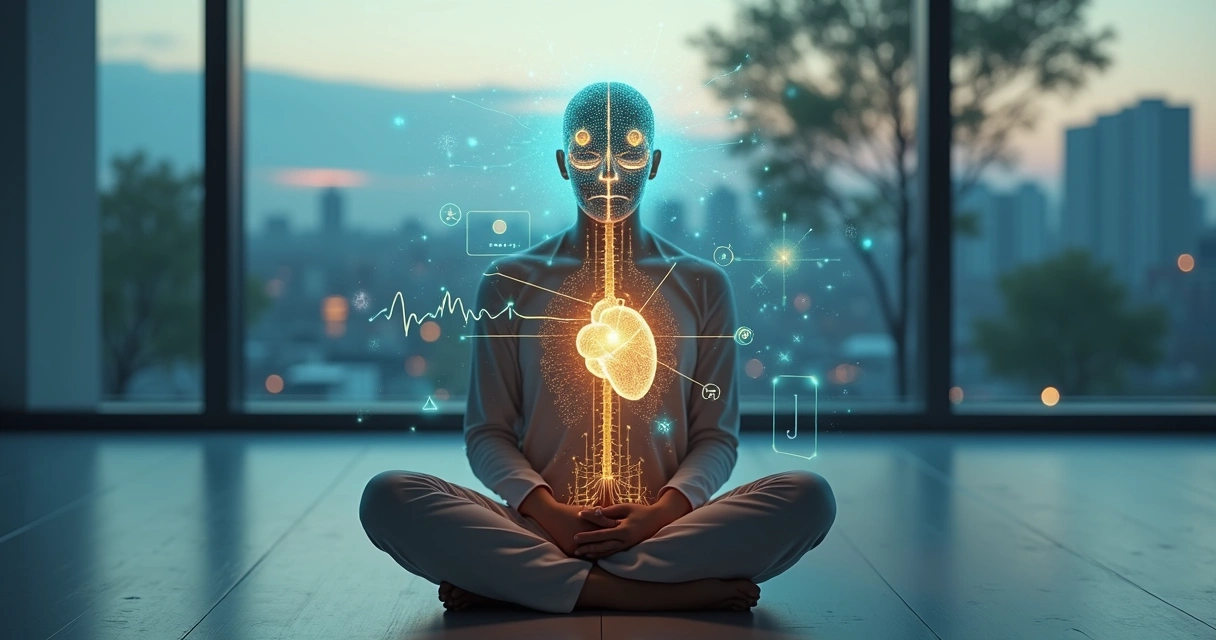 Pessoa em meditação com cérebro luminoso integrado ao corpo em ambiente tecnológico suave 