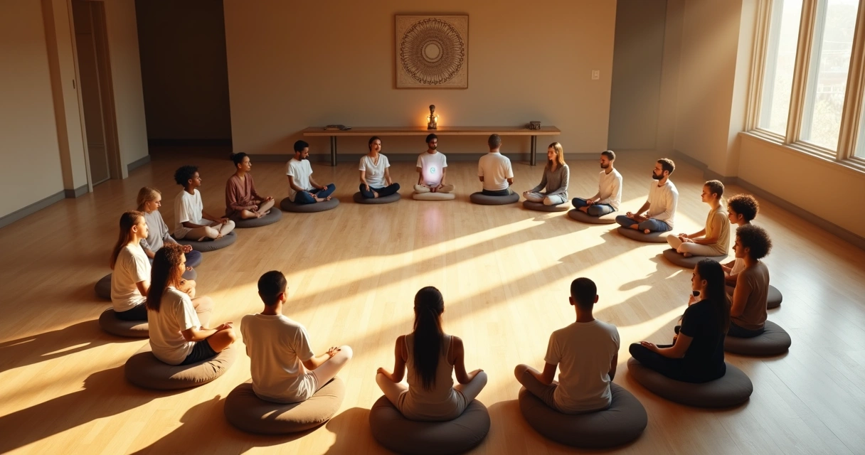 Circle of people meditating with unseen figures highlighted in the shadow 