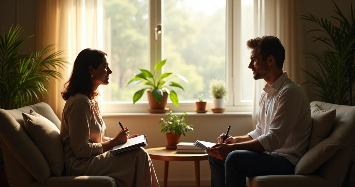 Coaching session with mindful atmosphere, coach and client seated with plants and notebooks 